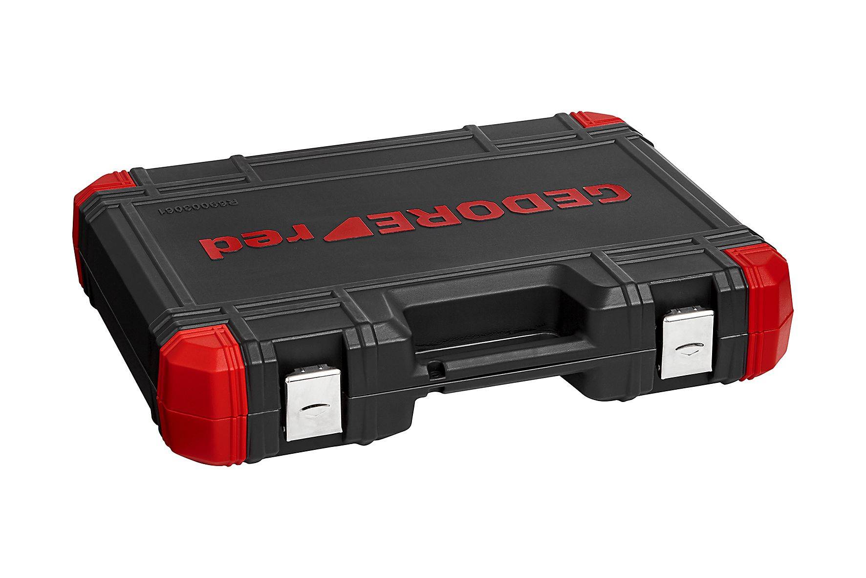 Črn kovček za orodje z rdečimi robovi in napisom 'Cedo Tools' na pokrovu. Idealen za varen transport in shranjevanje orodja.