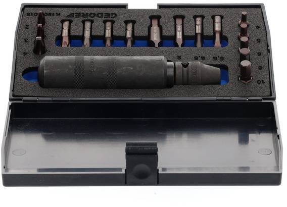 Set vijačnikov z več zamenljivimi nastavki v odprti črni plastični škatli.