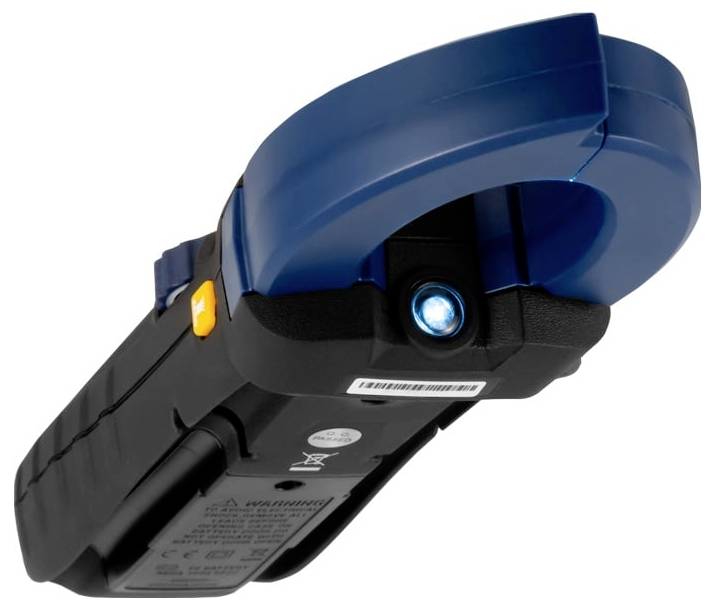 Modri in črni ročni bralni naprav za črtne kode s posebnim osvetljenim senzorjem, prikazan na belem ozadju.