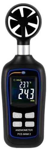 Ročni digitalni anemometer, ki na zaslonu prikazuje hitrost vetra 24,3 m/s in temperaturo 23,7°C.