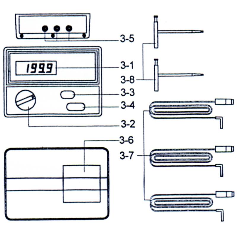 Diagram električnega naprave z zaslonom in tremi sondami. Zaslon prikazuje številko 1999. Povezovalne puščice od sond do naprave.