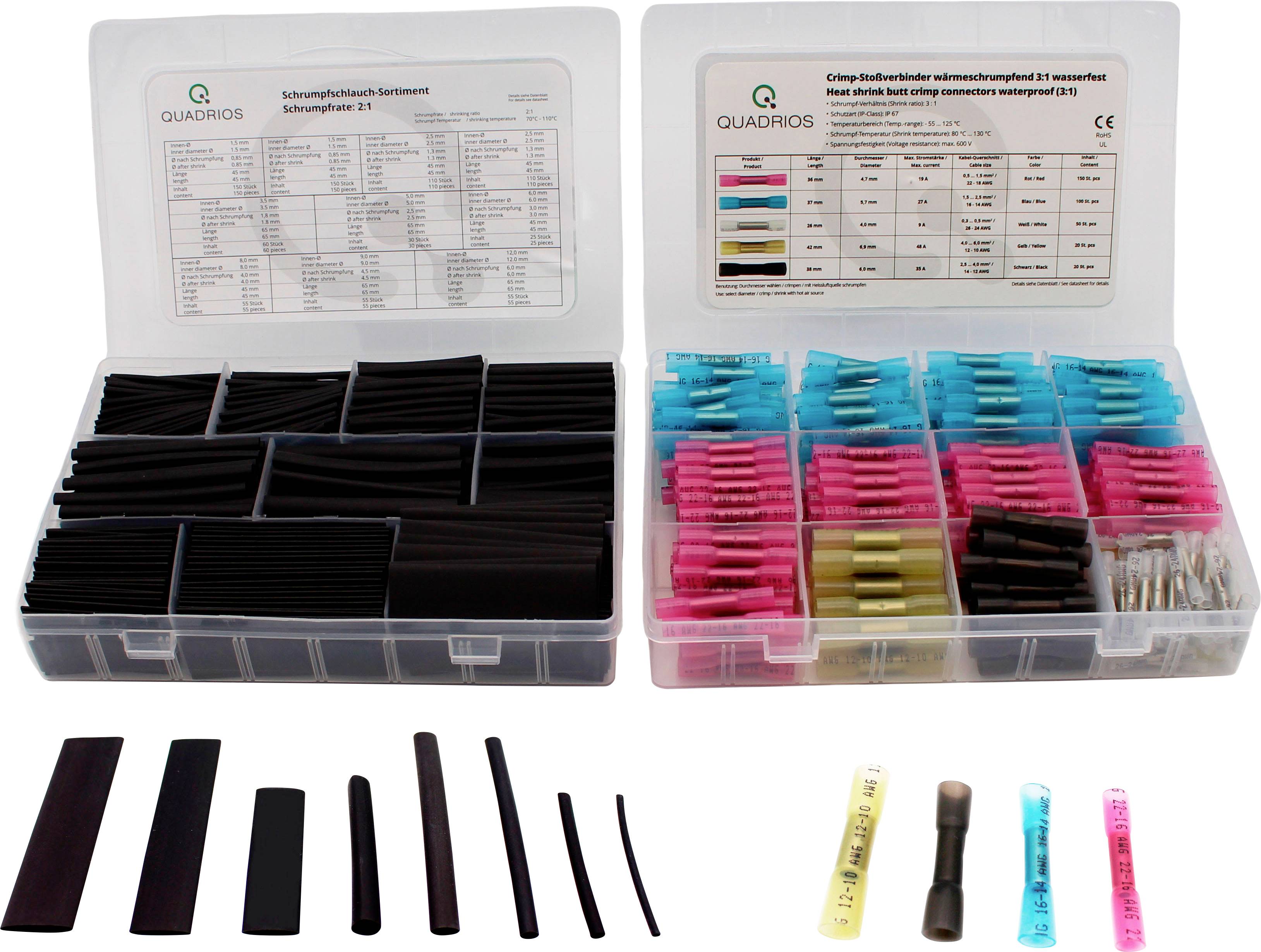 Del slike: Dvodelni set s termo skrčnimi cevmi in kabeljskimi priključki. Razvrščen po barvah, z odprtim pokrovom za pregled.