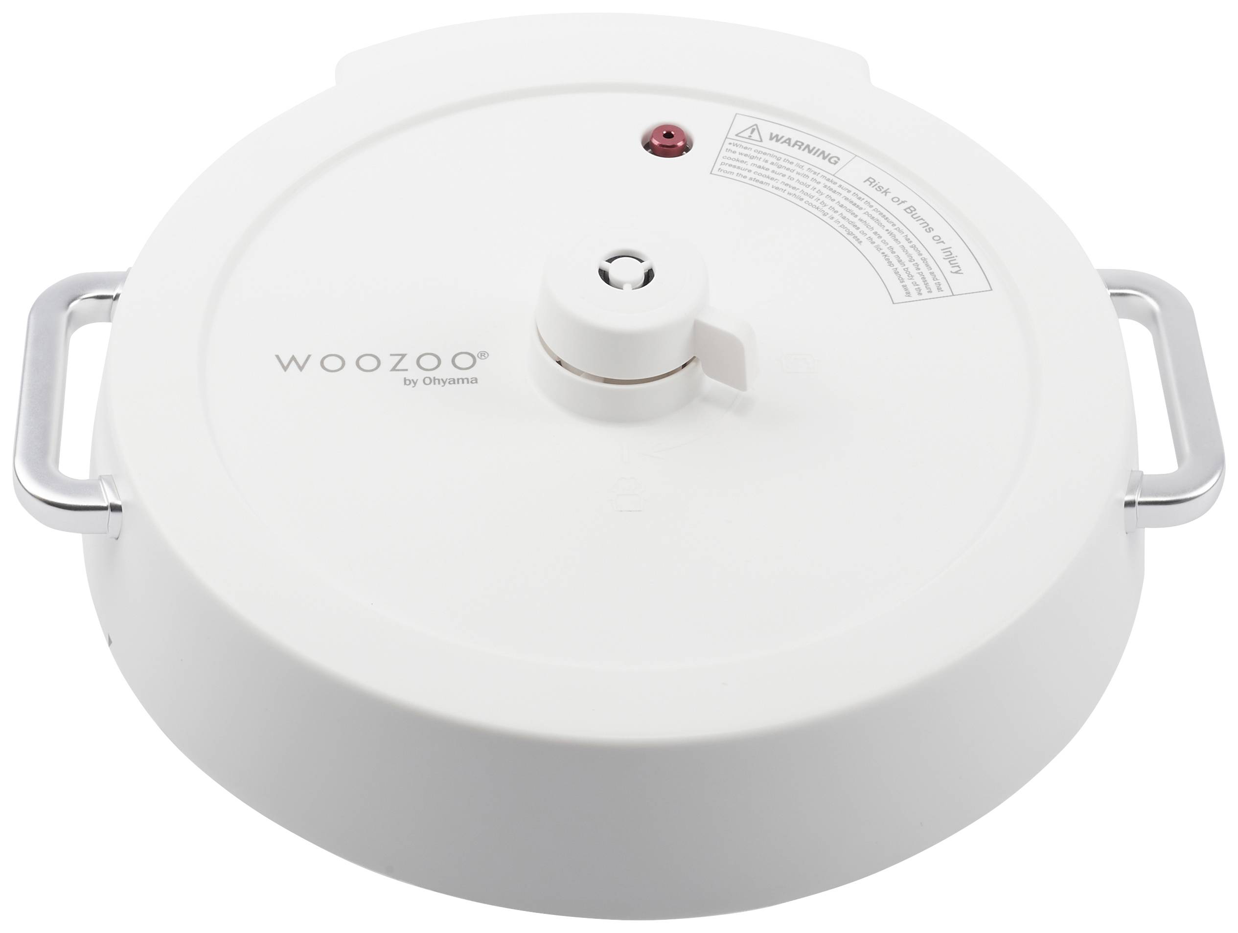 Okrogel bel pokrov ventilatorja z napisom 'Woozoo'. Ročaj na obeh straneh, opozorilno besedilo na zgornji strani.