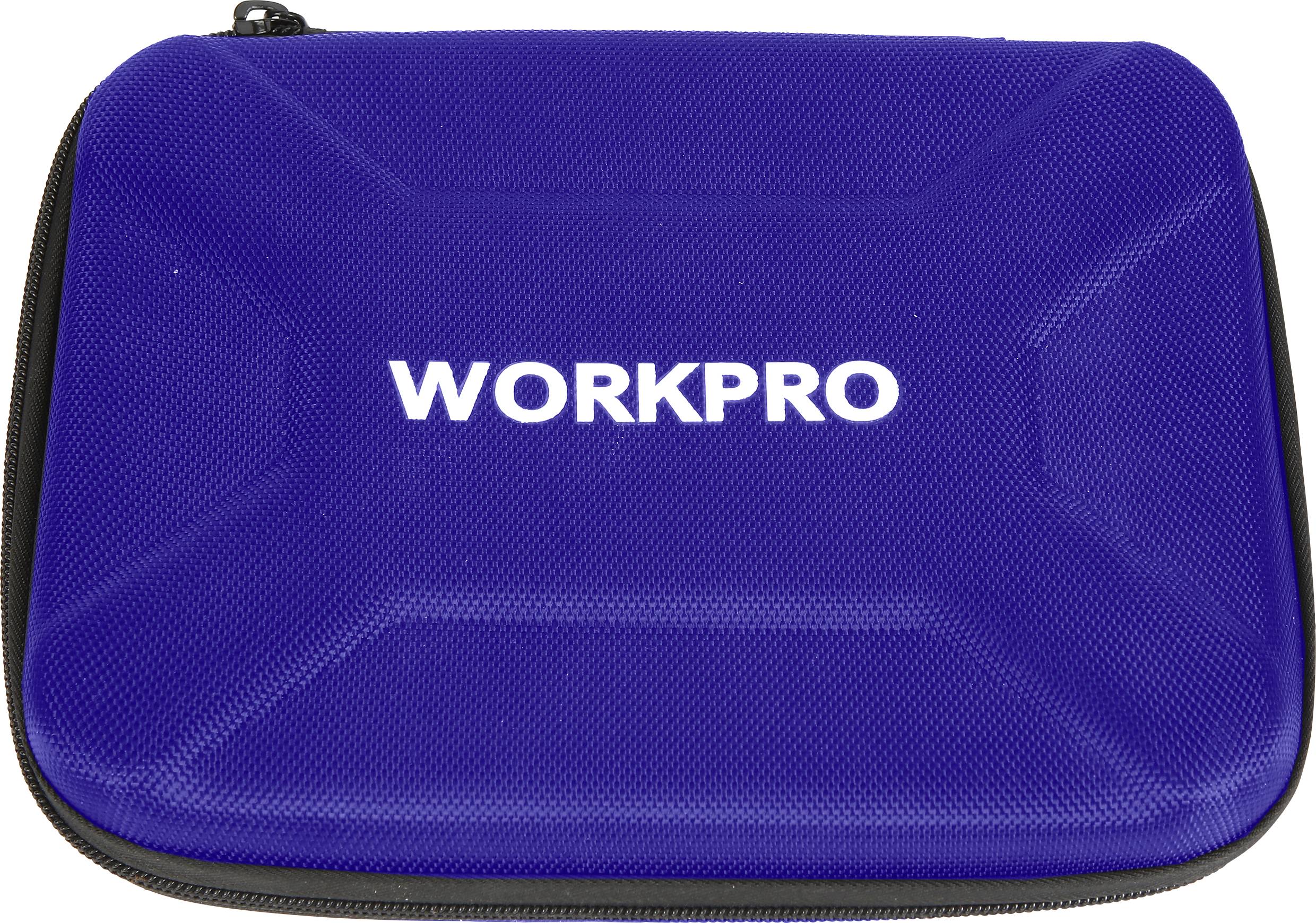 Modra torba z belim napisom 'WORKPRO' na sprednji strani.