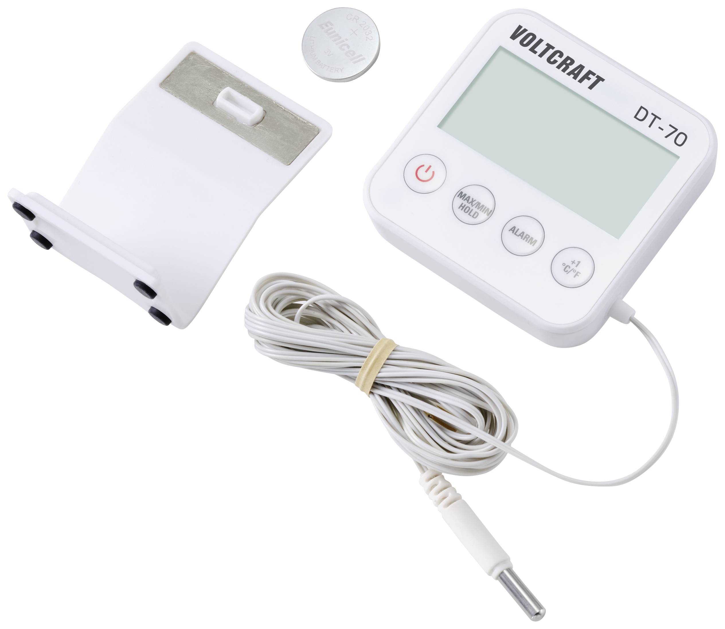 Digitalni termometer z LCD-zaslonom, kabelskim senzorjem, stojalom in gumbno baterijo, označen z 'Voltcraft DT-70'.