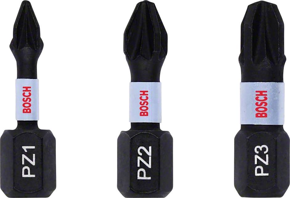 Tri črni vijačni nastavki znamke Bosch z oznakami 'PZ1', 'PZ2' in 'PZ3' na beli podlagi.