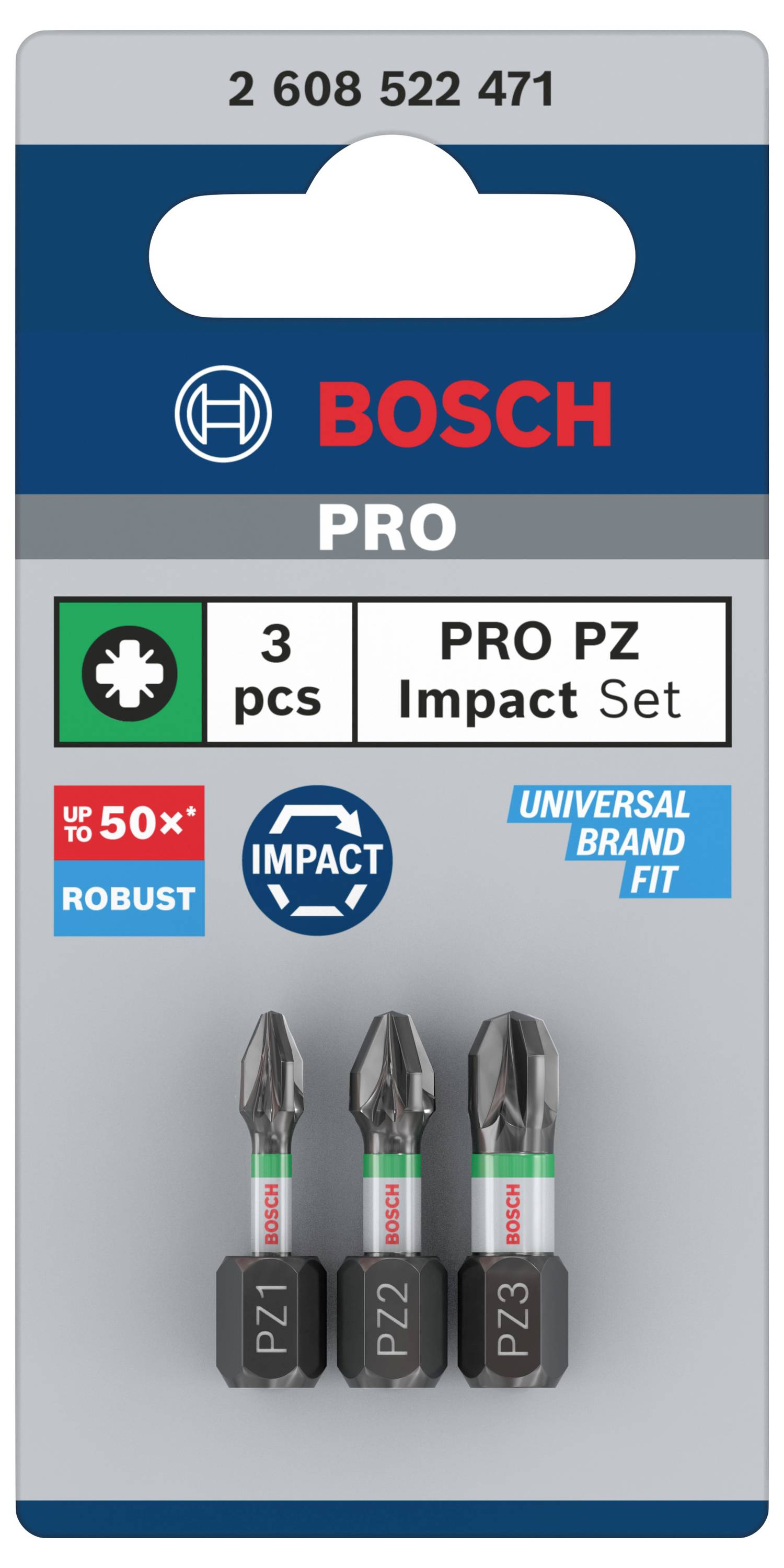 Embalaža Bosch PRO PZ Impact Set s tremi nastavki za izvijače, kompatibilna z različnimi znamkami, robustna kakovost.