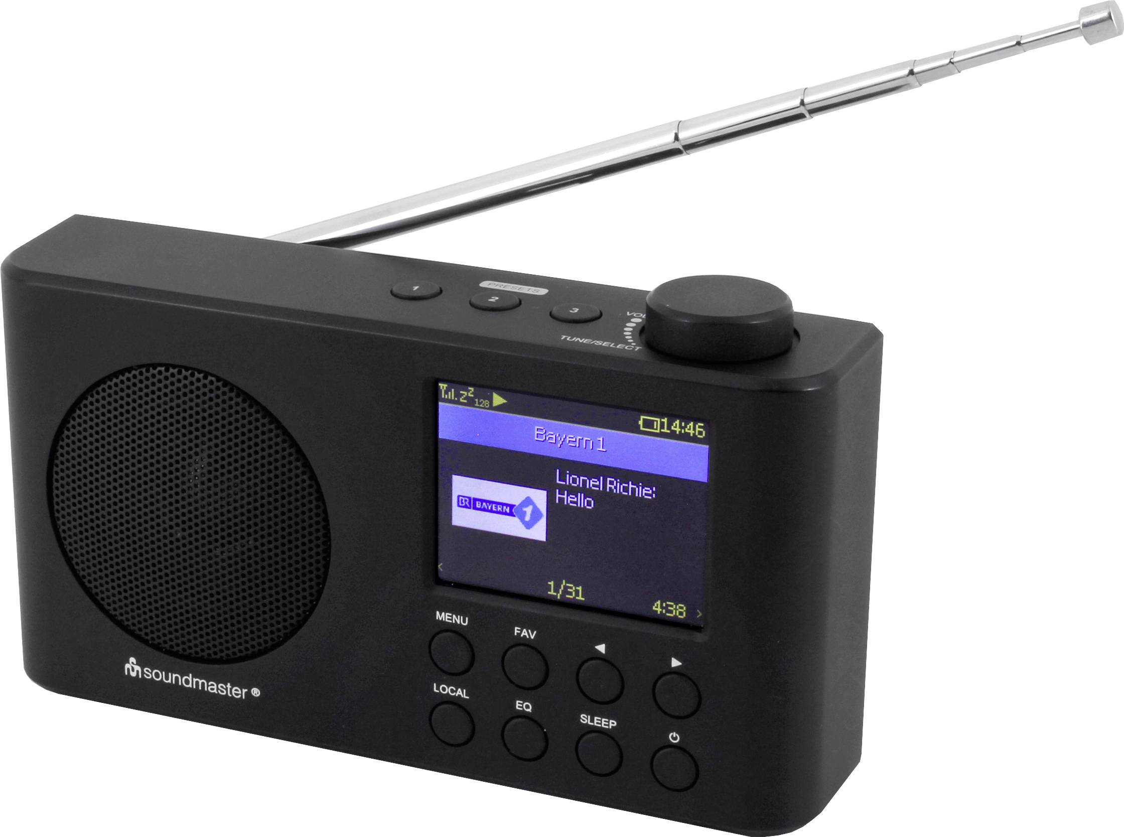 Črn radio z izsuvno anteno prikazuje zaslon, na katerem so napisani 'Bayern 1', 'Lionel Richie' in 'Hello'.