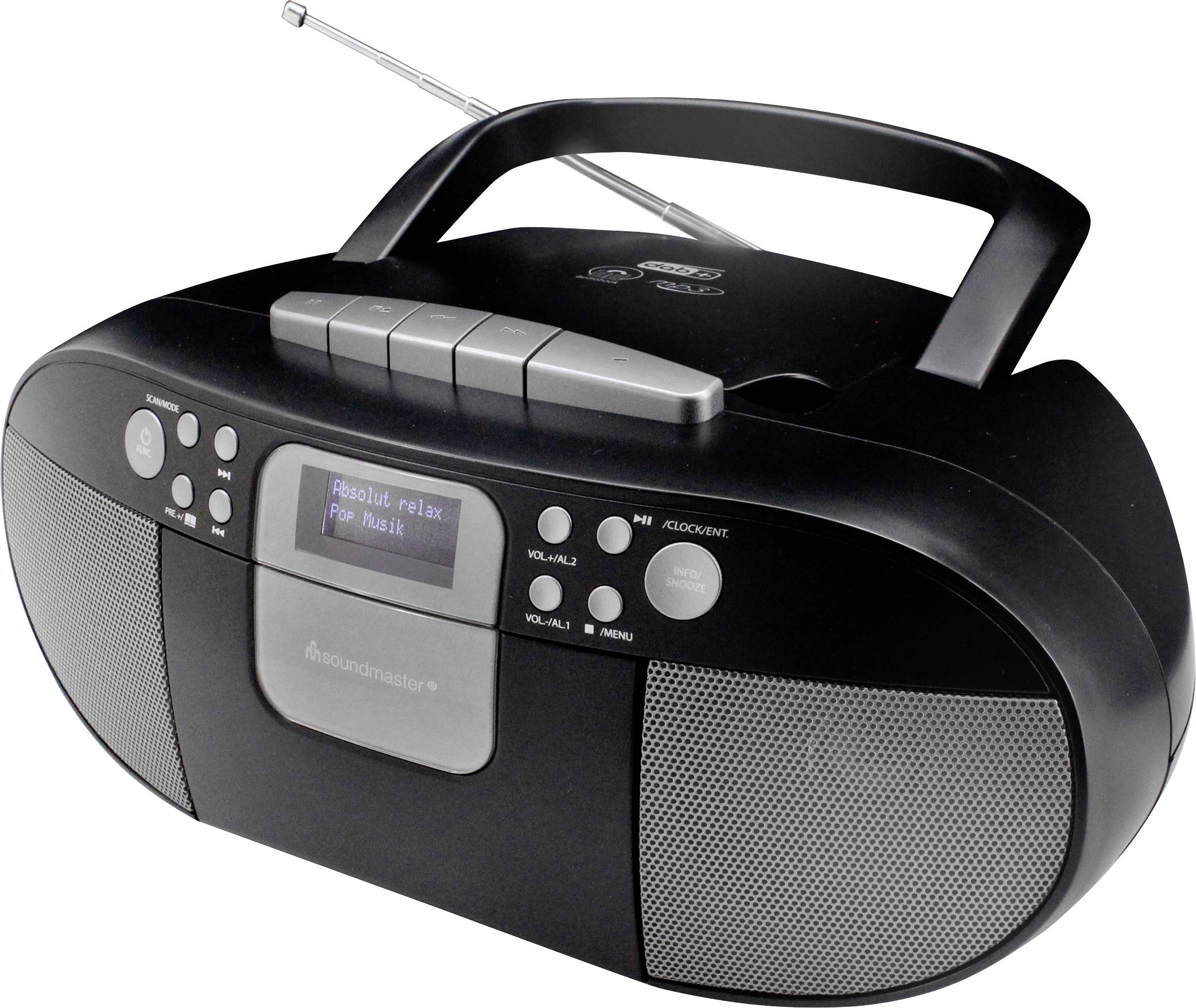 Prenosljiv črn radio s kasetnim predvajalnikom in CD predvajalnikom, na zaslonu prikazuje napis 'relax'. Antena je izvlečena.