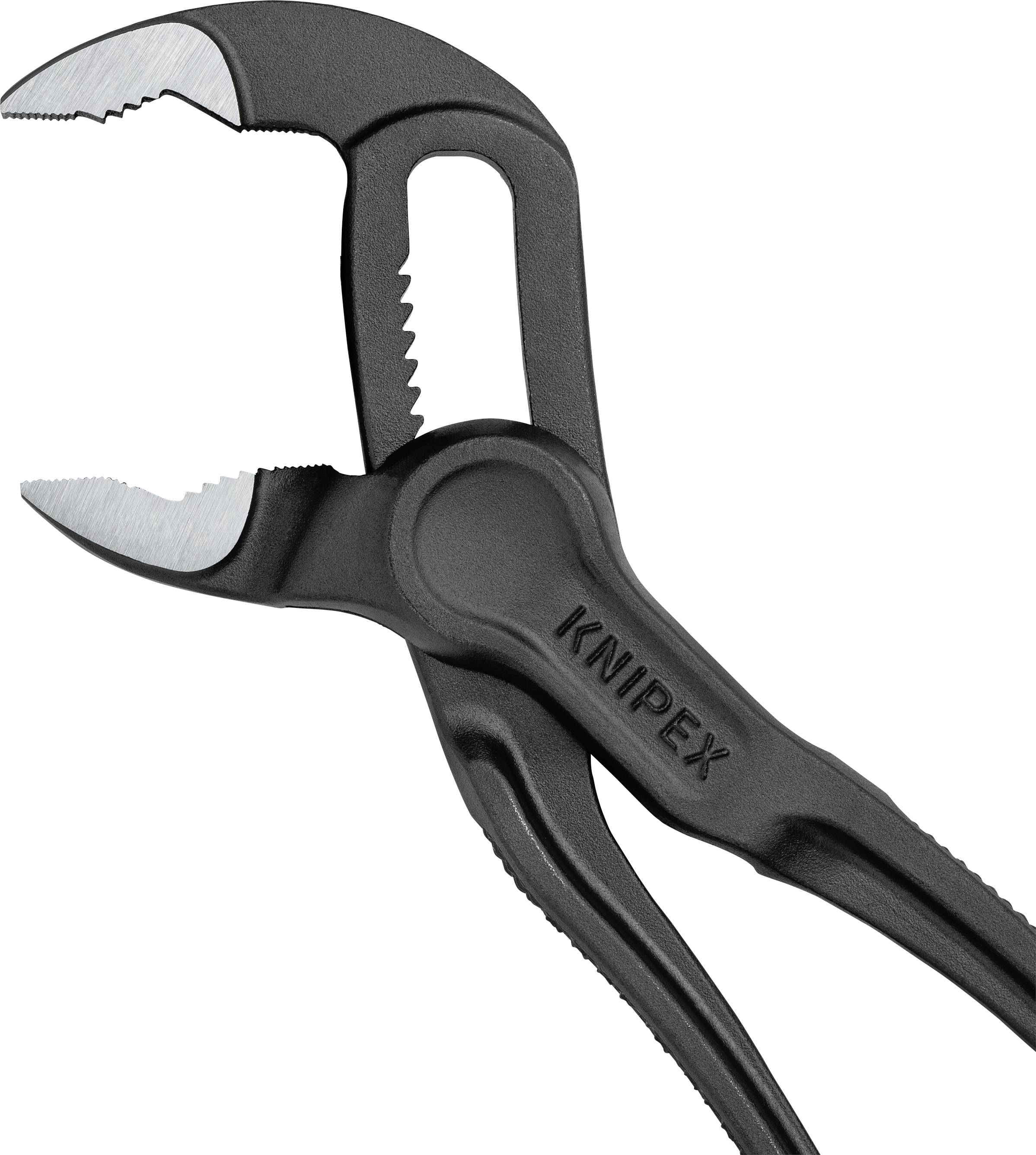 Črna Knipex klešča z nazobčanimi čeljustmi, primerna za prijemanje in sukanje cevi ali matic v delavnici.