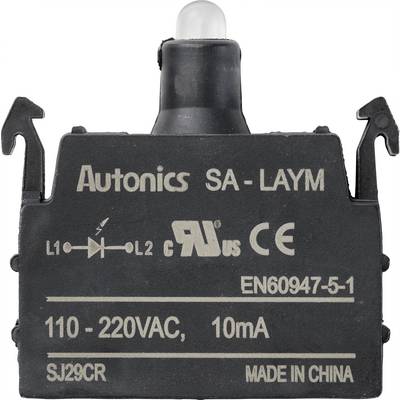 Črni Autonics stikalni element s CE oznako, specifikacije: 110-220VAC, 10mA. Narejeno na Kitajskem.