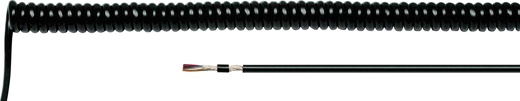 Zavito črno električno/napajalno/signalno* kabel ob ravnem odseku, ki prikazuje, kako se kabel raztegne med raztezanjem.<br><br>*The specific type of cable can be clarified based on context.