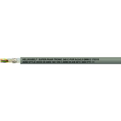 Nalepka z napisom: 'HELUKABEL SUPER-PAAR-TRONIC-C-PUR 2x2x0.25 mm² E 170105', prikazana poleg barvitega snopa kablov.