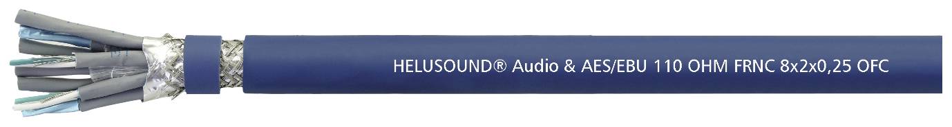Avdio kabel z napisom 'HELUKABEL HELUSOUND® Audio & AES/EBU 110 OHM FMBC 8x2x0,25 OFC', modra zunanja obloga, vidni vodniki.