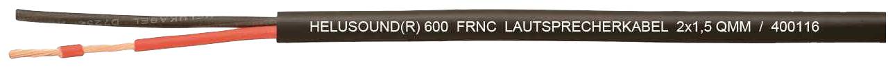 Zvočniški kabel z napisom 'HELUKABEL 2X1,5 QMM 400180', prikazan kot detajlni posnetek kabelske izolacije in oznake.