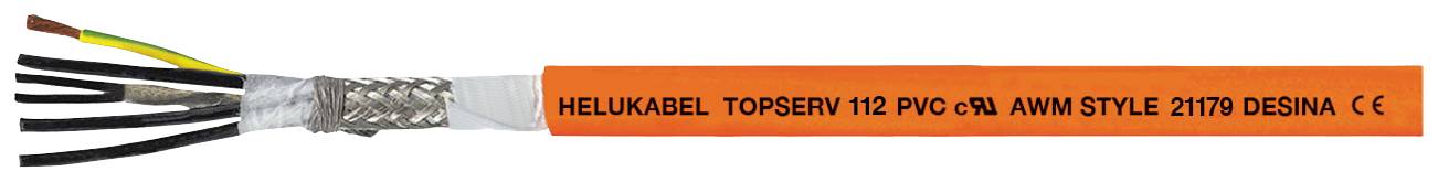 'HELUKABEL TOPSERV 112 PVC-Olje AWM SLOG 21179 DESINA CE' na oranžnem kablu z več vidnimi žilami in kovinskim ekranom.