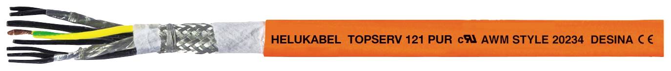 Oranžni kabel, označen z 'HELUKABEL TOPSERV 121 PUR-OR AWM STYLE 20234 DESINA CE'. Zaščitni oklop kabla in barvni notranji vodniki so vidni.