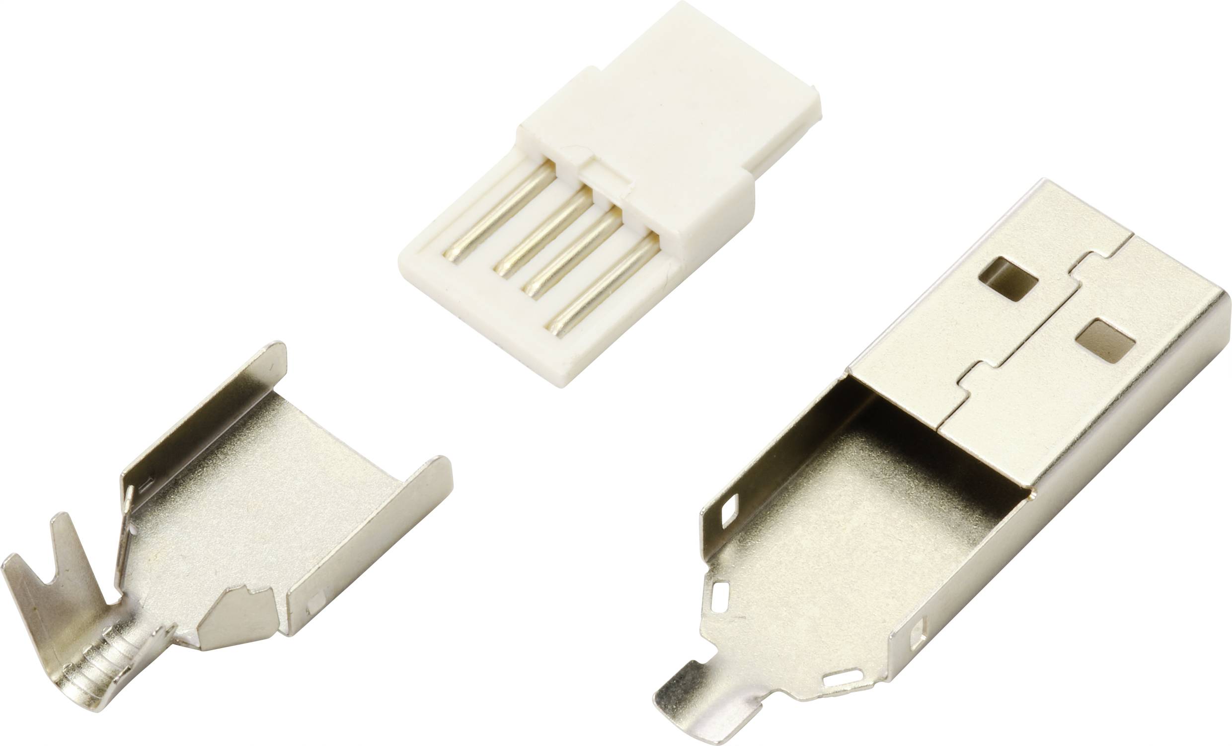 Razstavljen USB-vtič prikazuje tri dele: kovinski ohišje, plastično enoto s štirimi kontakti in še en del ohišja.