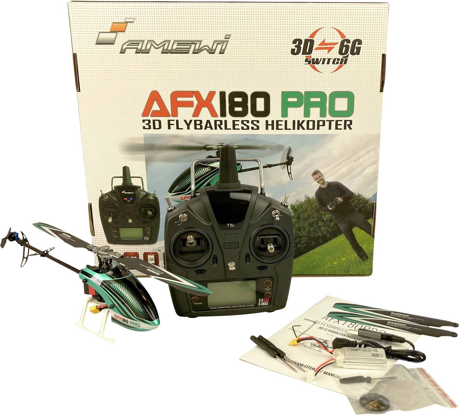 Modelni helikopter AFX180 Pro in dodatna oprema pred pakiranjem. Vsebuje daljinski upravljalnik, polnilec, orodja in navodila.