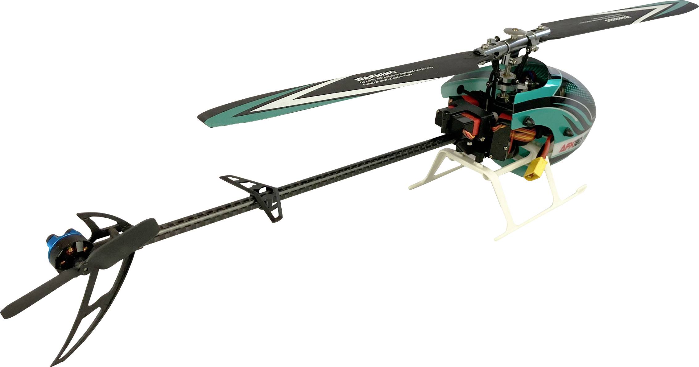 Modelni helikopter s črno-zelenimi rotorskimi krili in vitkim, podolgovatim repom, ki poudarja stabilno strukturo.