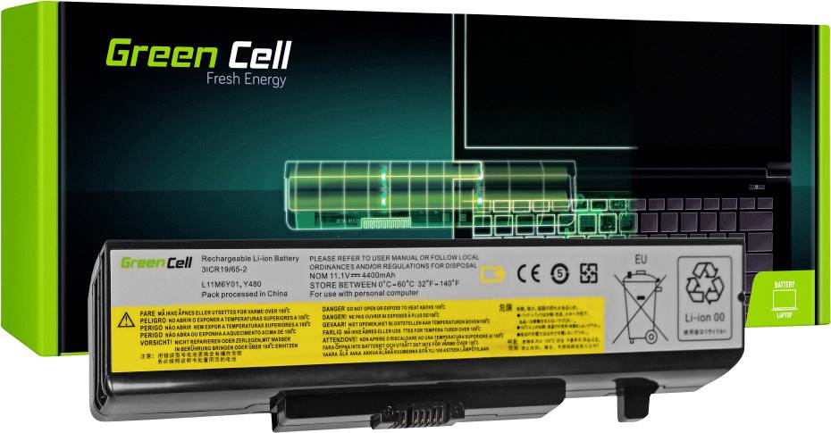 Zelena embalaža in prenosniški baterijski vložek podjetja Green Cell z napisom 'Fresh Energy'. Na embalaži je diagram baterije.