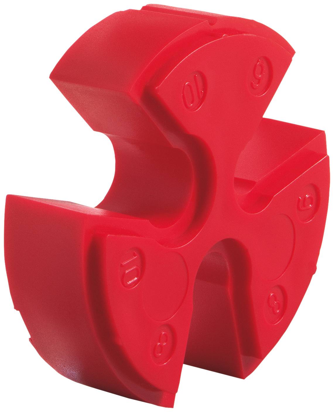 Rdeč plastičen sestavljivi puzzle kos z ukrivljenimi izrezi in reliefen simboli na beli podlagi.