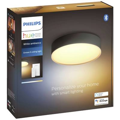 Philips Hue LED stropna svetilka, okrogla, pametno vodljiva, pakirana v črni škatli z opisom izdelka in primerom osvetlitve.