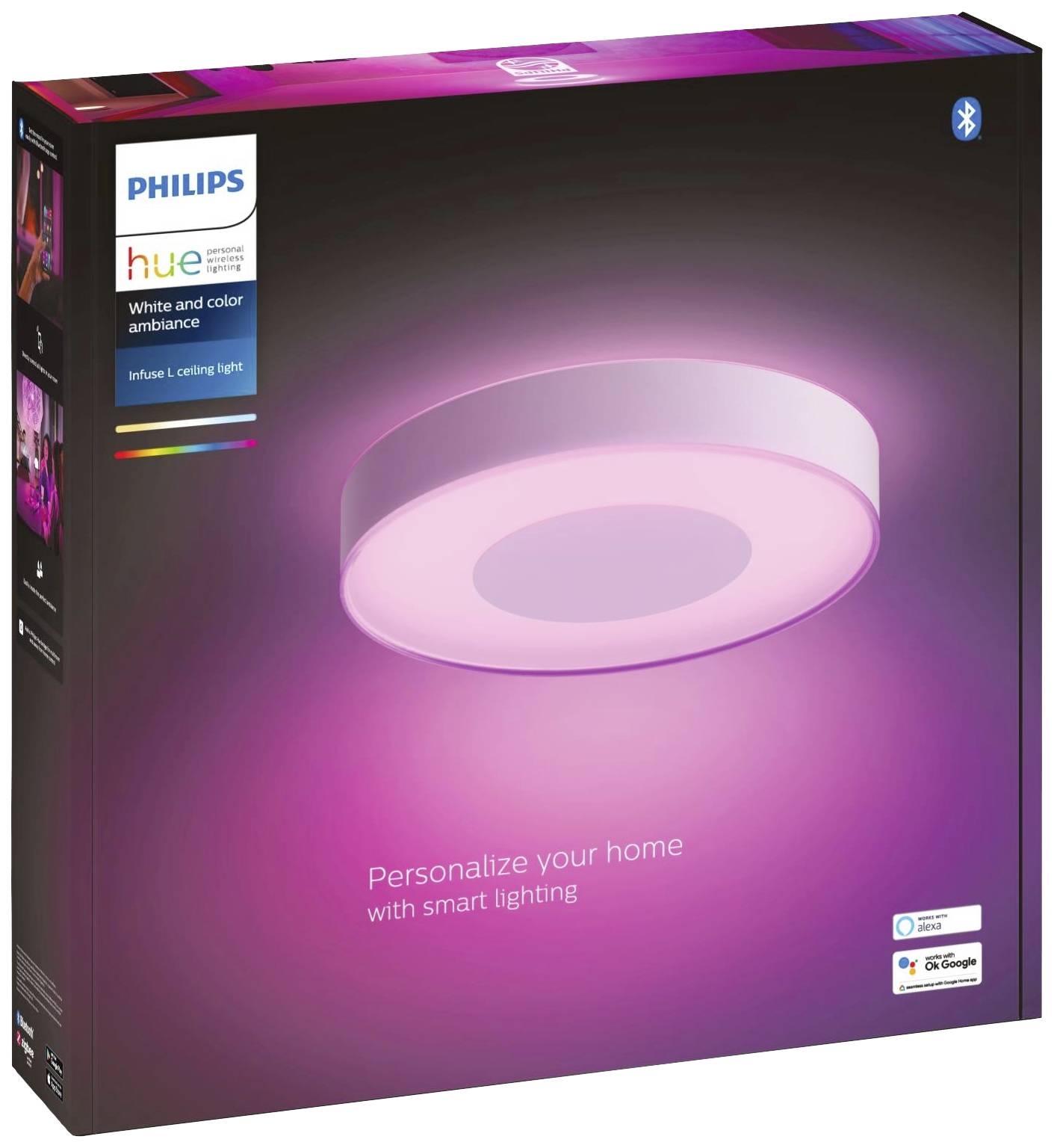 Philips Hue stropna svetilka v prikazani embalaži; ponuja bele in barvne svetlobne možnosti; slogan: 'Personalizirajte svoj dom s pametno razsvetljavo'.
