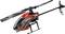 Majhen rdeč daljinsko voden helikopter s črno in belo dizajnom, stoji na beli podlagi.