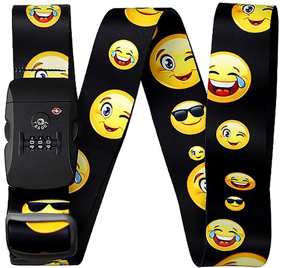Potovalni pas z zaklenjenim številčnim zaklepanjem, potiskан z različnimi emojiji, kot so smejoči, zmerjajoči in z sončnimi očali.