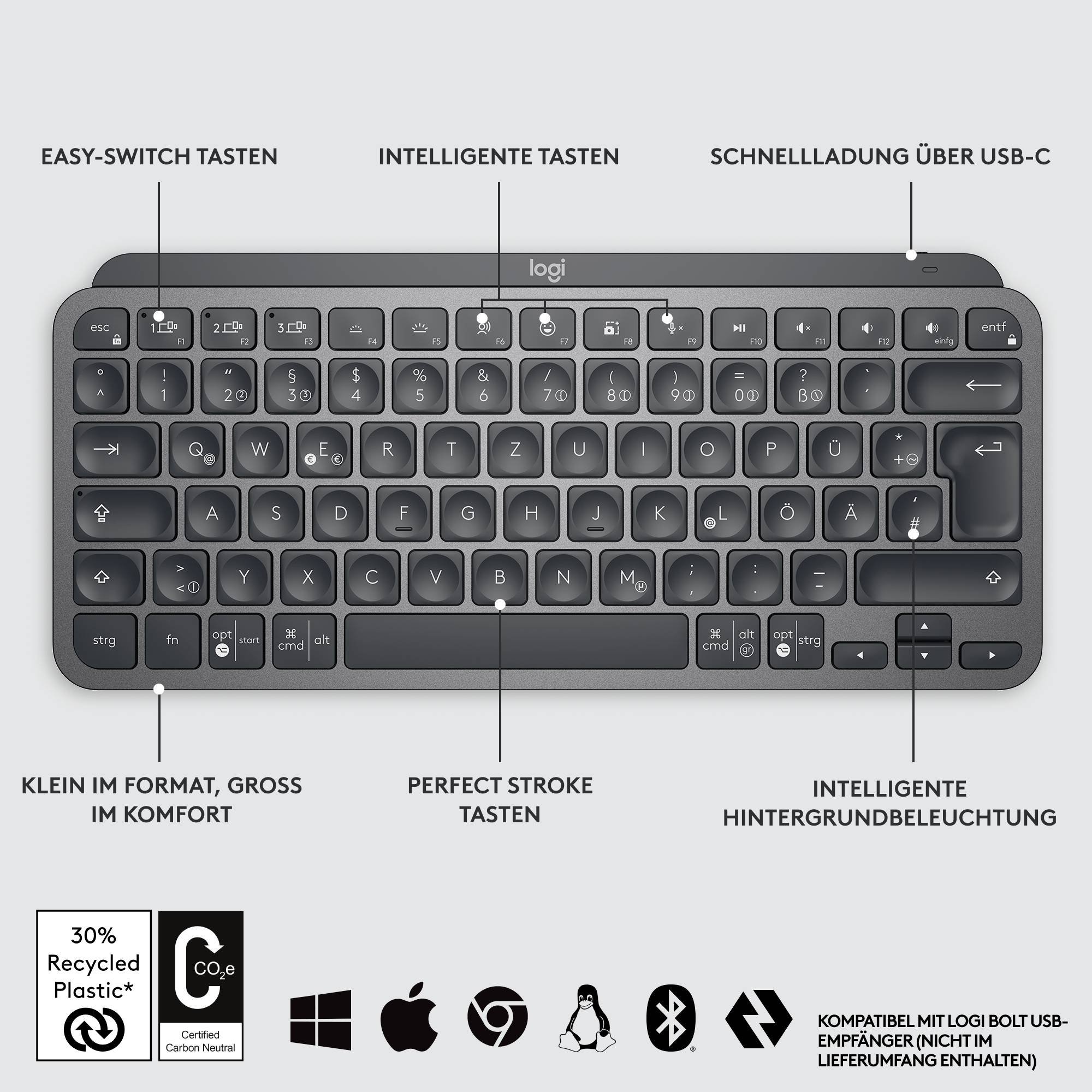 Logitech MX Keys Mini Bluetooth® tipkovnica nemčija, qwertz grafitna osvetljen, tihe tipke, funkcija povezovanja več nap-5