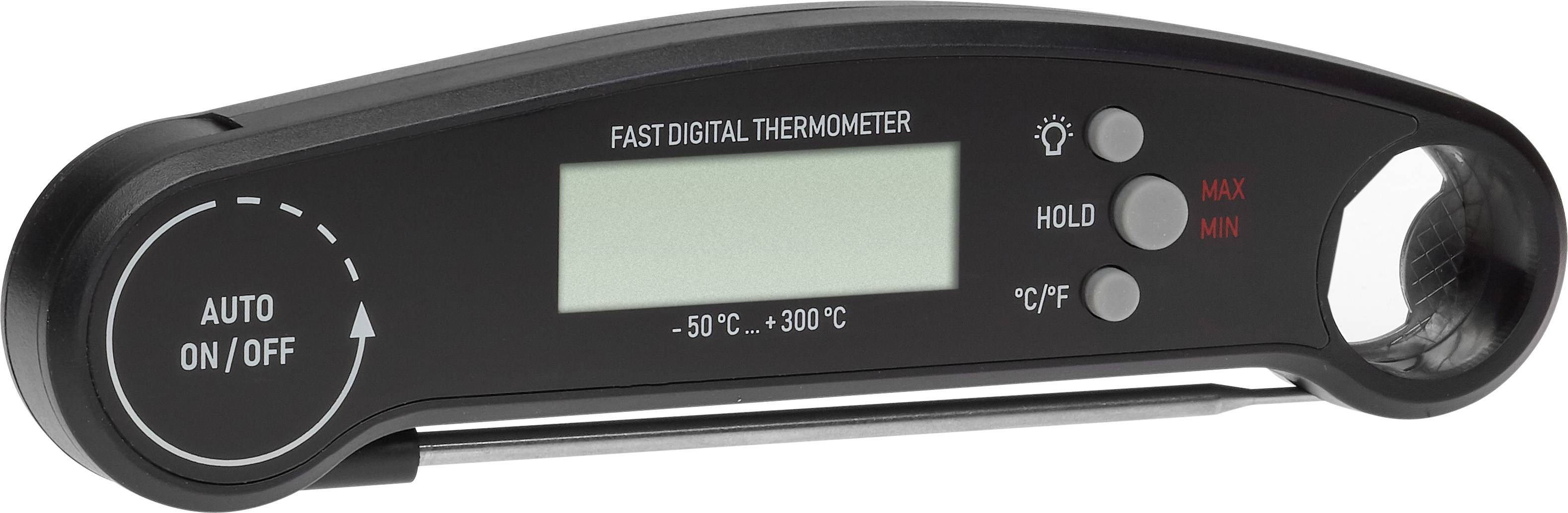Digitalni termometer z lestvico od -50 °C do 300 °C, z napisom 'Fast Digital Thermometer', z gumboma za vklop/izklop in funkcijo zadrževanja.