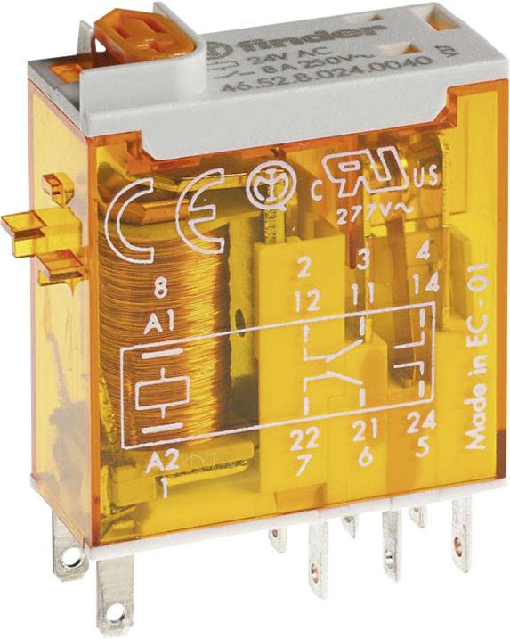 Oranžni električni modul z več kovinskimi priključki, napisom '12V AC' in 'Made in EC-01'.