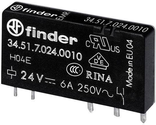 Črni rele modul z napisom 'finder', modelna številka 34.51.7.024.0010, nazivna napetost 24V, pri 6A in 250V. Izdelano v EU.