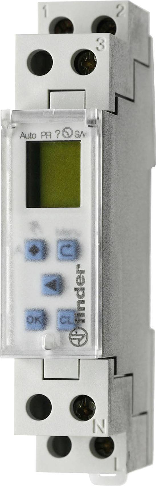 Digitalni modul ure s stikali v sivi ohišju z modrimi tipkami na sprednji strani in majhnim prikazovalnikom.