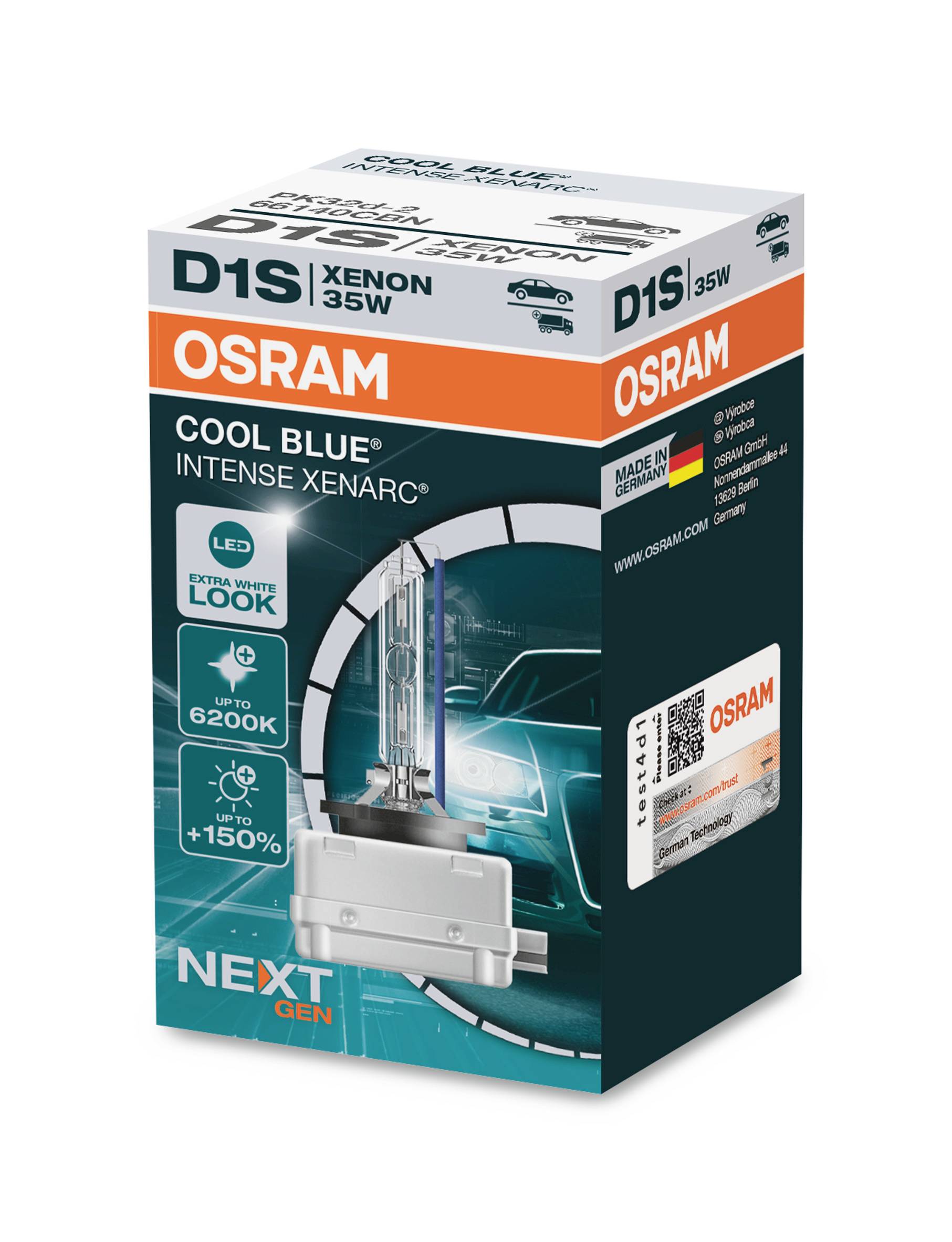 Embalaža za Osram D1S Xenon-lampo 'Cool Blue Intense'. Vsebuje informacije, kot sta '6200K' in '150% več svetlosti'.