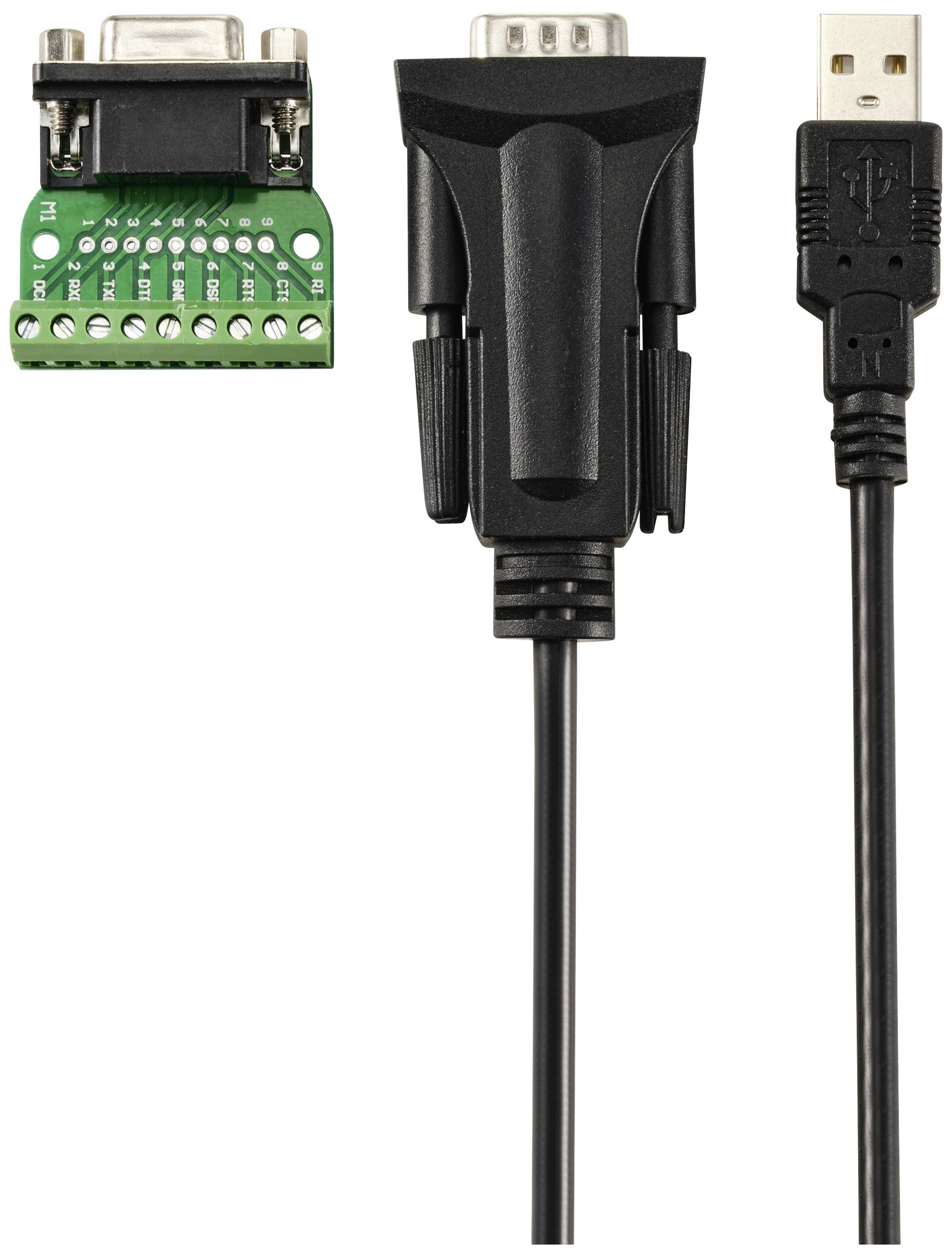 USB-RS232 adapter kabel s črnim vtičem in zeleno adaptersko ploščo za povezovanje naprav z različnimi vmesniki.