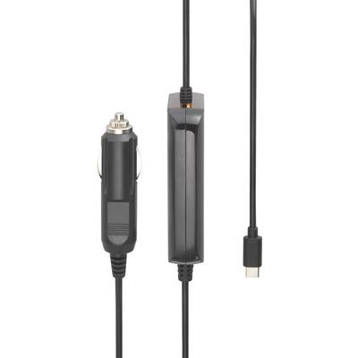 Črn avtomobilski polnilec s kablom in priključkom USB-C prikazuje popoln pogled, pripravljen za priklop na vozilo in naprave.