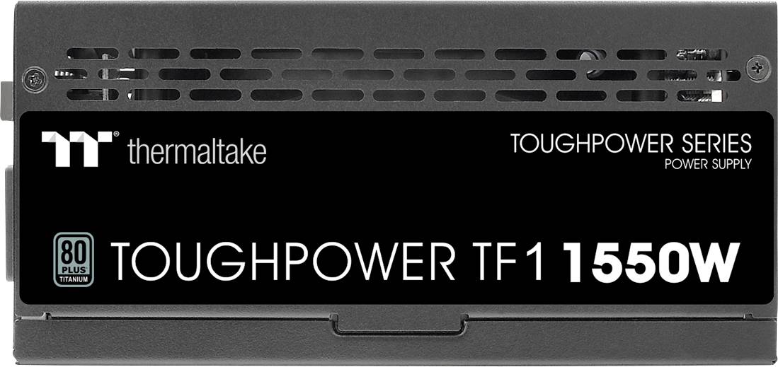 Napajalnik Thermaltake Toughpower TF1 1550W, izrazit črn dizajn, zlat 80-Plus nalepka, horizontalne prezračevalne reže na vrhu.