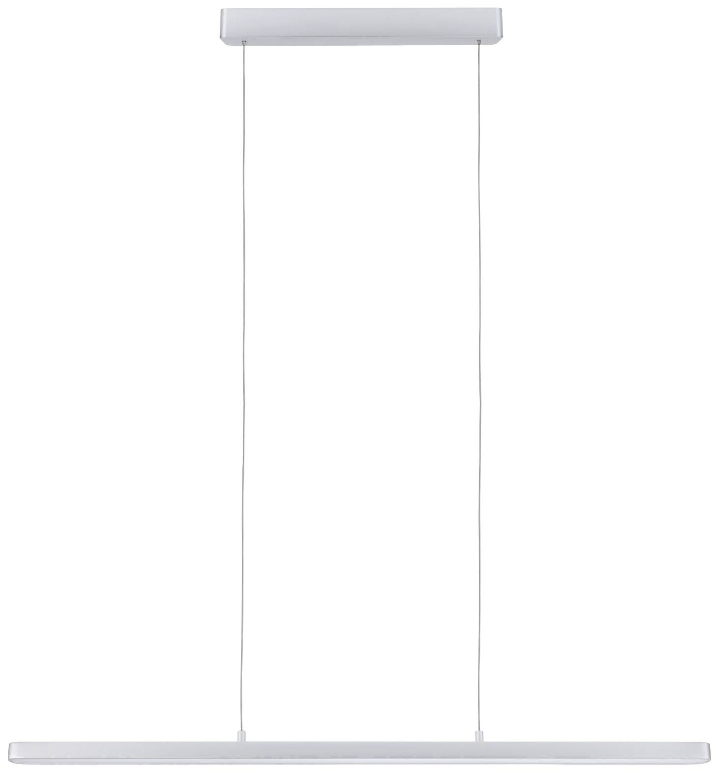 Moderna, minimalistična viseča svetilka z dvema tankima žicama, ki podpirata podolgovat, bel svetlobni element.