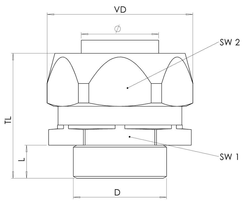Tehnična risba mehanskega elementa z merami (VD, SW 1, SW 2, L, TL, D). Prikazani so geometrijski detajli.