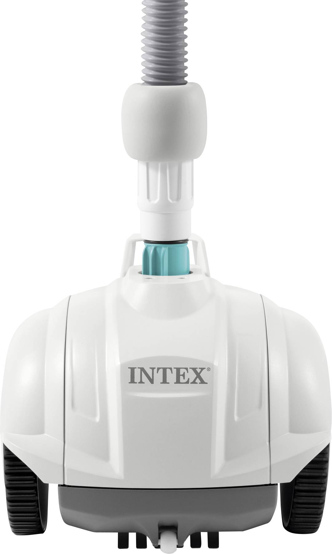 Avtomatski čistilec bazena znamke Intex z rolkami in priključkom za cev na vrhu, namenjen učinkovitemu čiščenju dna bazena.