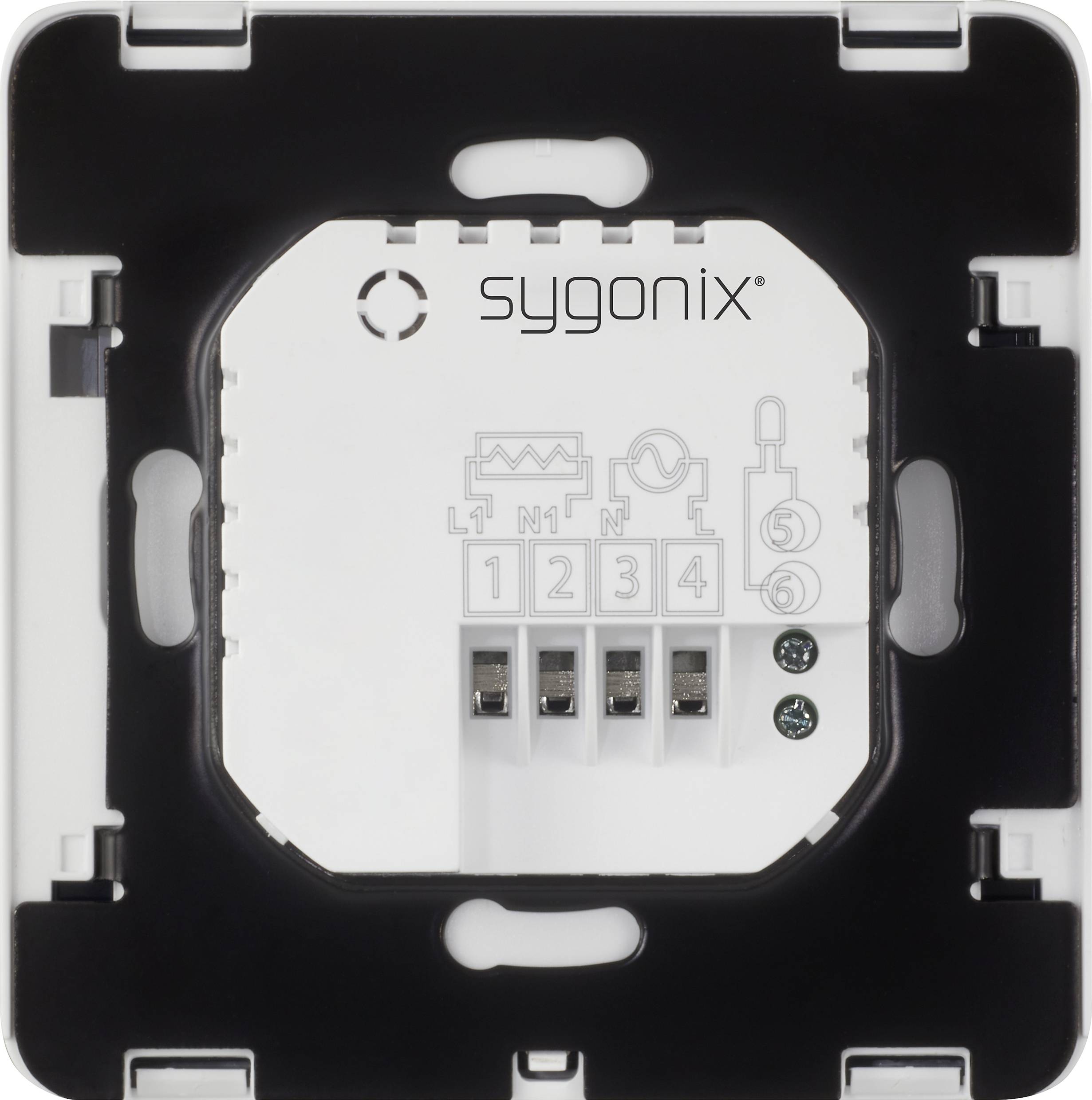 Kvadratni električni stikalni element s štirimi priključki, označen z 'sygonix'. Simboli prikazujejo povezave in funkcije.