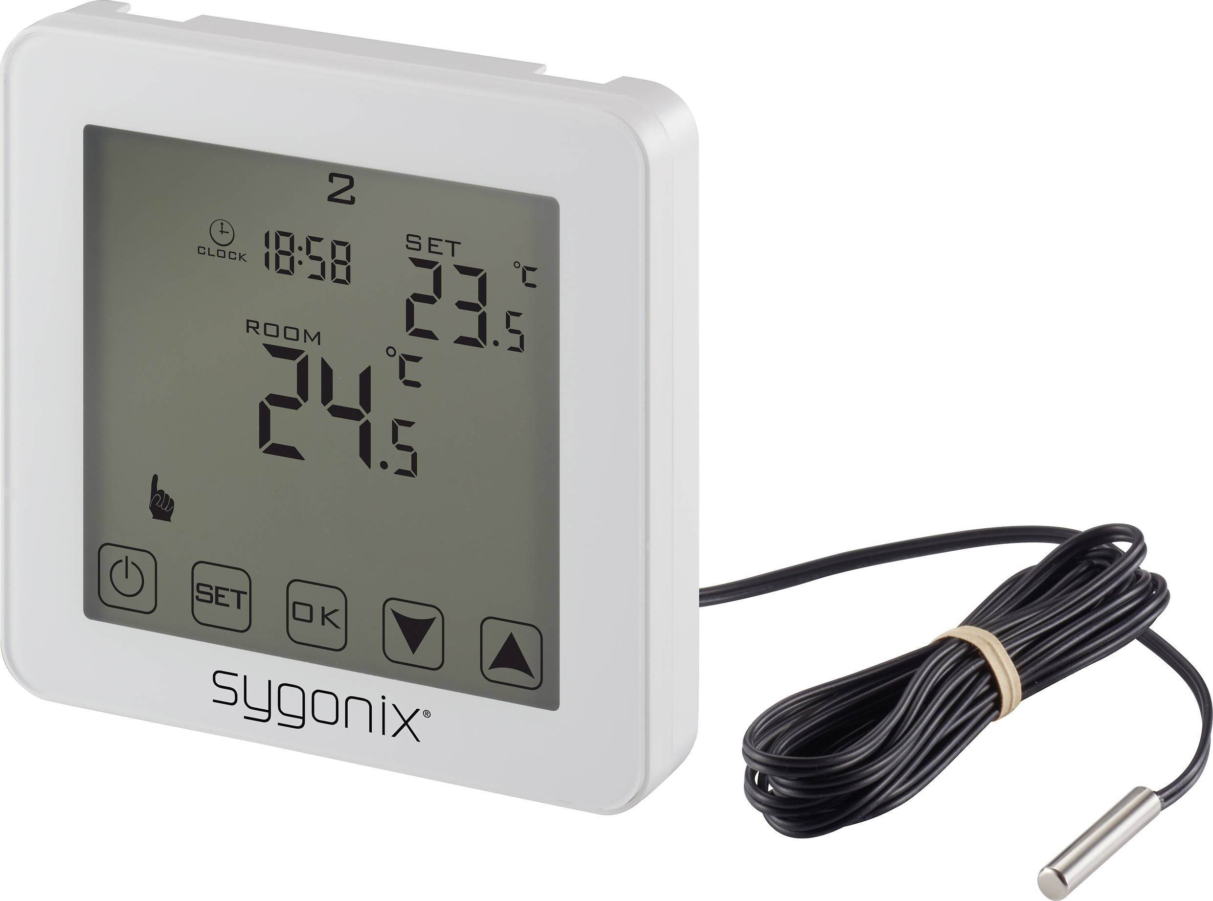 Digitalni termostat z velikim zaslonom prikazuje sobno temperaturo 24,5°C in nastavljeno temperaturo 23,5°C. Priključen je kabel s senzorjem.