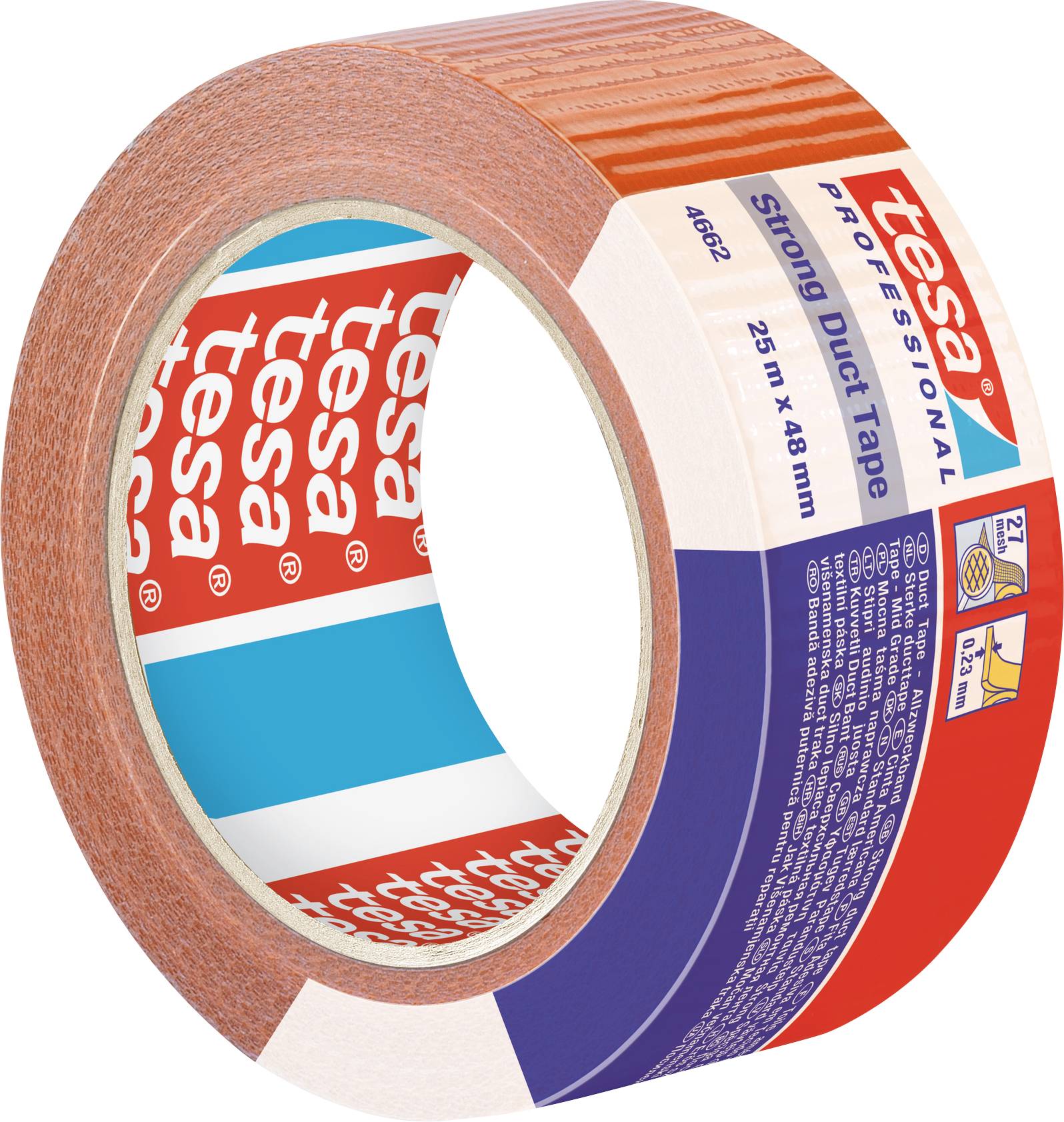 Kolut rjavega tekstilnega lepilnega traku z napisom 'tesa professional' in 'Strong Duct Tape' na embalaži. 25 m x 48 mm.
