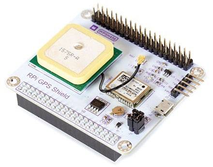 RPi/GPS ščit z GPS anteno, priključki in USB vhodom. Razvit za uporabo z Raspberry Pi v GPS aplikacijah.