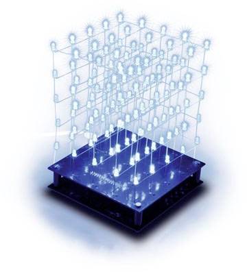Prikaz tridimenzionalne LED-matrike, ki prikazuje svetleče modre LED-diode v kubični razporeditvi.