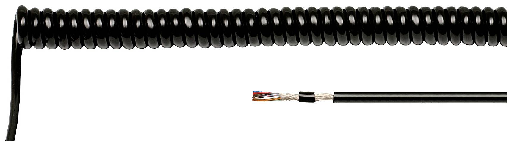 Črna spiralna žica, delno razpeta, prikazuje prerez z barvnimi žicami. Kabel za električne povezave ali prenos podatkov.