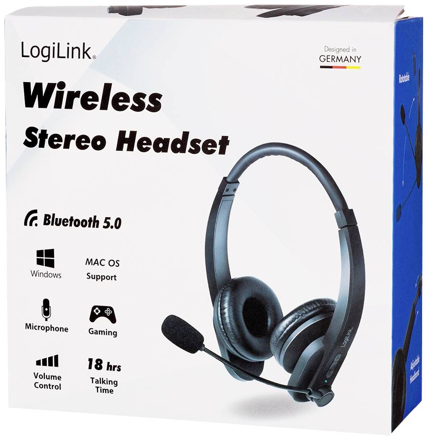 Brezžične stereo slušalke 'LogiLink' v črnem dizajnu, podpirajo Bluetooth 5.0, 18 ur pogovorne časa, združljive z Windows in Mac OS.