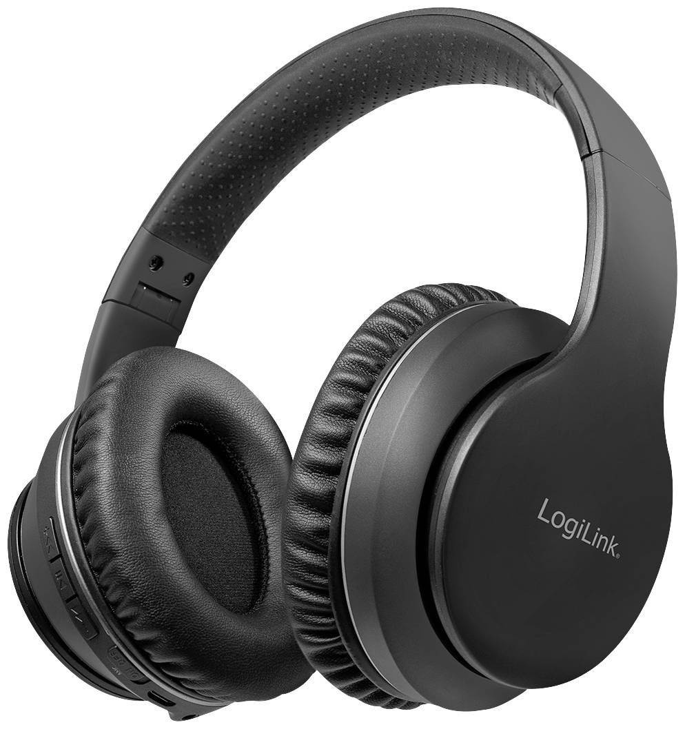 Črne brezžične over-ear slušalke znamke 'LogiLink' z oblazinjenjem, primerne za poslušanje glasbe ali telefonske pogovore.